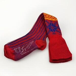 VTG Eskimo Nordic Red Ski Socks With Blue Stripes Snowflake Wool Blend Size L